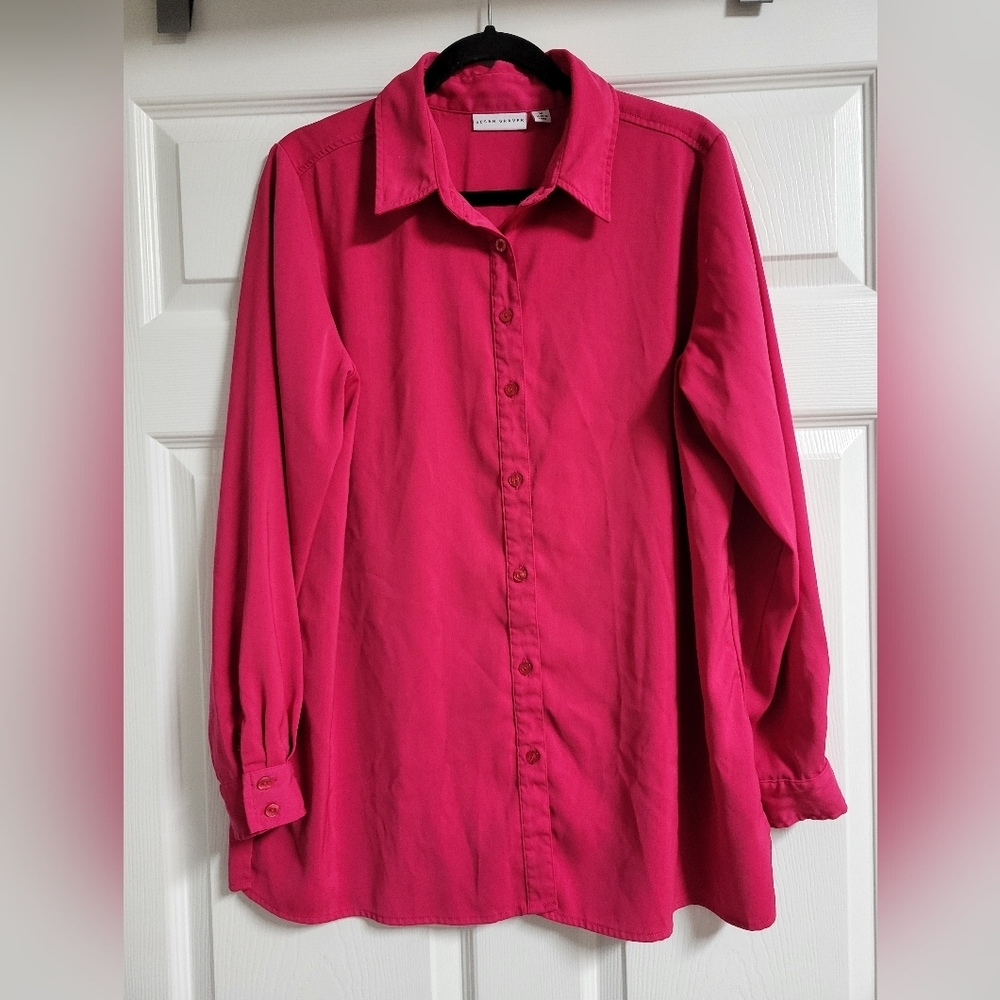 Susan Graver Womens Long Length Fuschia Pink Button-Up Shirt - Size M